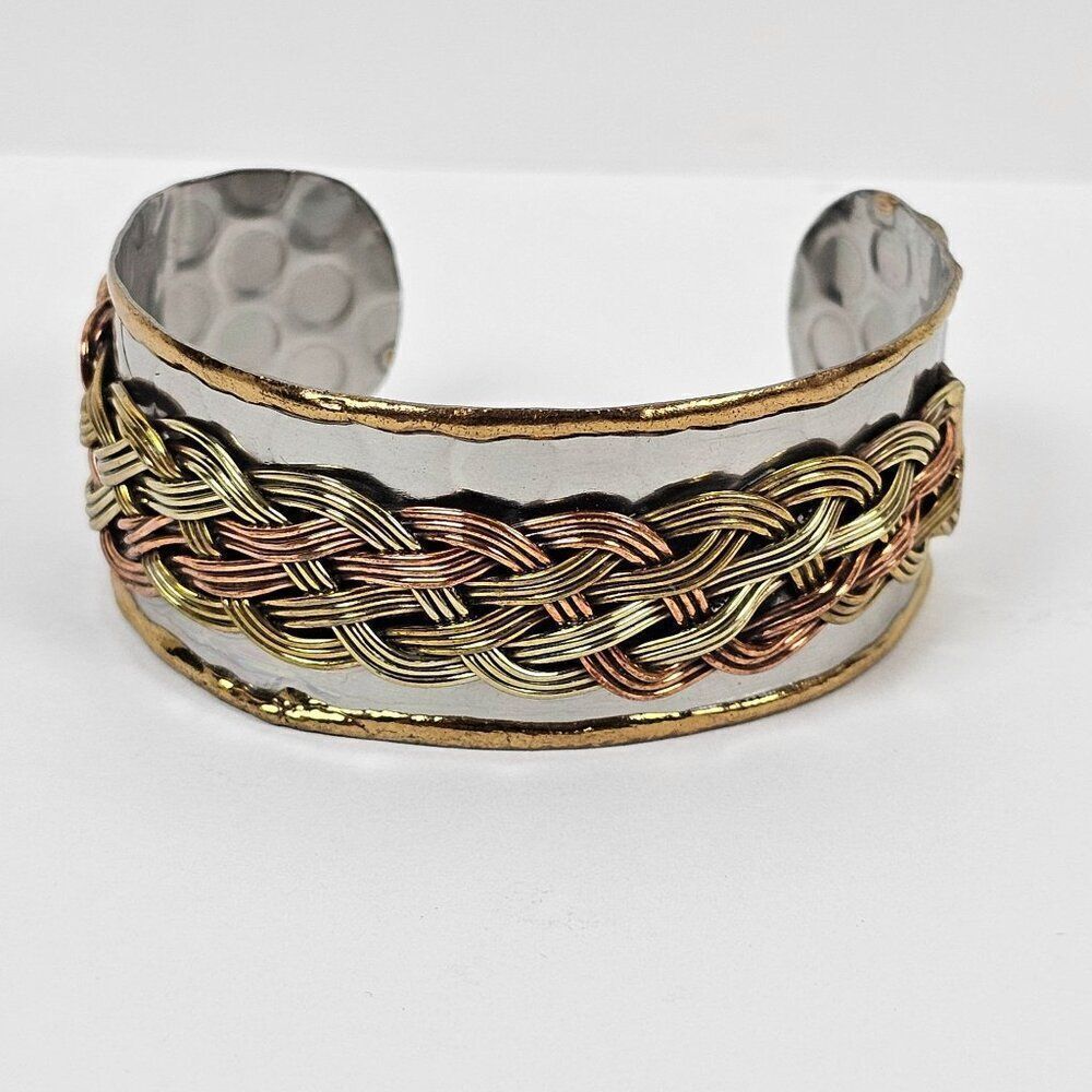 Tricolor Gold Silver Copper Plated Metal Cuff Bracelet‎ Honeycomb Braided Wide